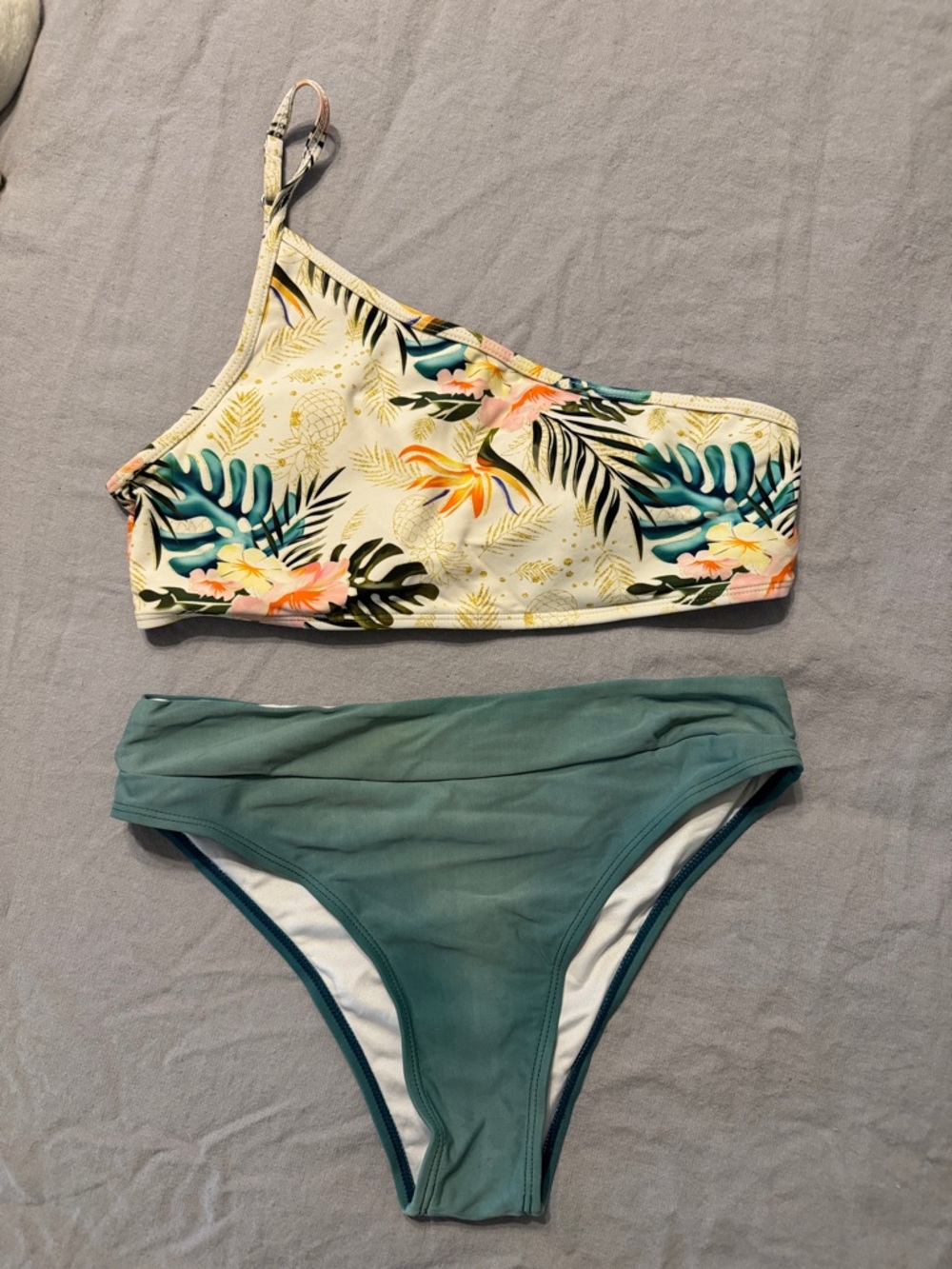 Tropical One-Shoulder Bikini Set - Cream & Teal